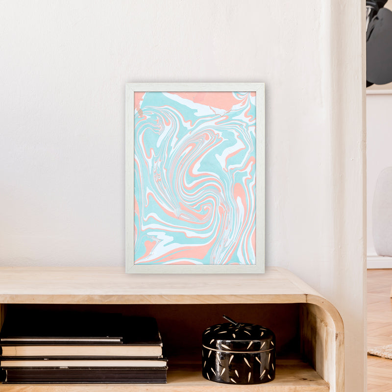 Liquid Mix Turquoise And Salmon  Art Print by Pixy Paper A3 Oak Frame