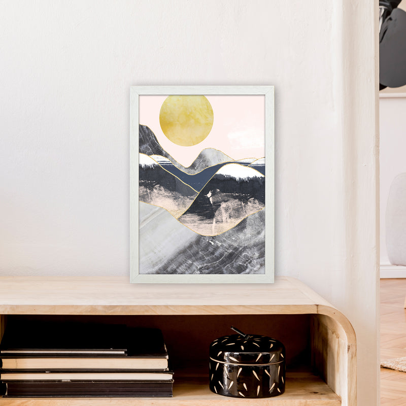 Gold Moon Navy Marble Mountains  Art Print by Pixy Paper A3 Oak Frame