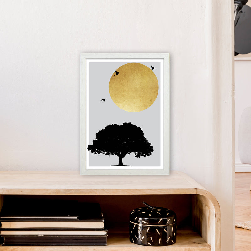 Gold Sun And Tree Abstract  Art Print by Pixy Paper A3 Oak Frame
