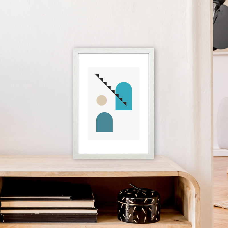 Mita Teal Stairs Left N3  Art Print by Pixy Paper A3 Oak Frame
