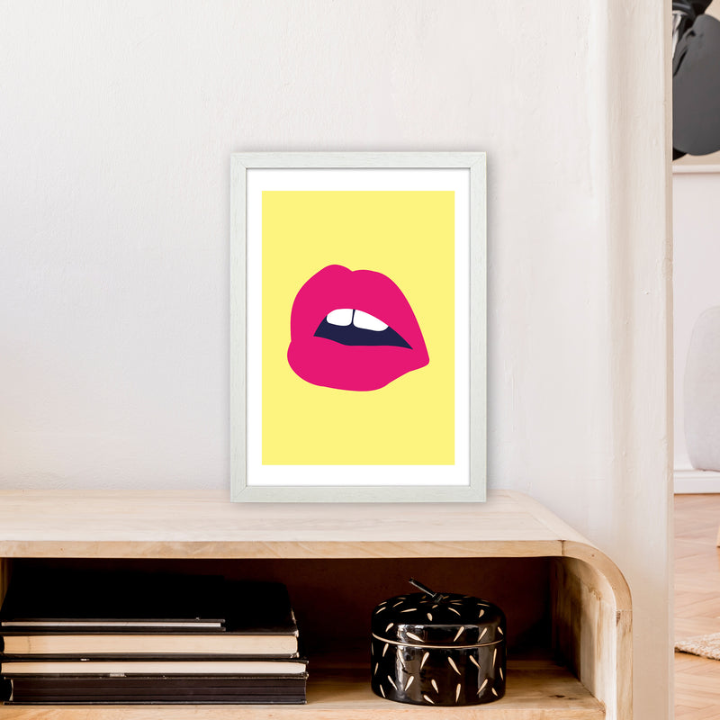 Pink Lips Yellow Back  Art Print by Pixy Paper A3 Oak Frame
