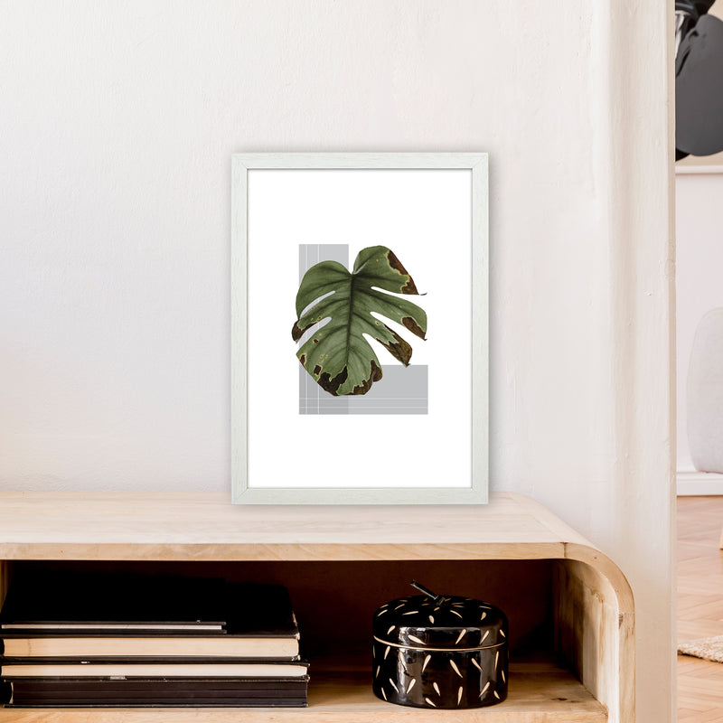 Green Leaf Grey  Art Print by Pixy Paper A3 Oak Frame
