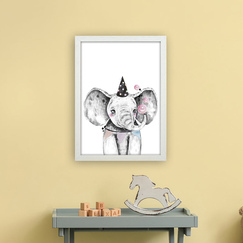 Safari Babies Elephant With Party Hat  Art Print by Pixy Paper A3 Oak Frame