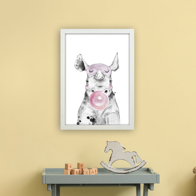 Safari Babies Rhino With Bubble  Art Print by Pixy Paper A3 Oak Frame