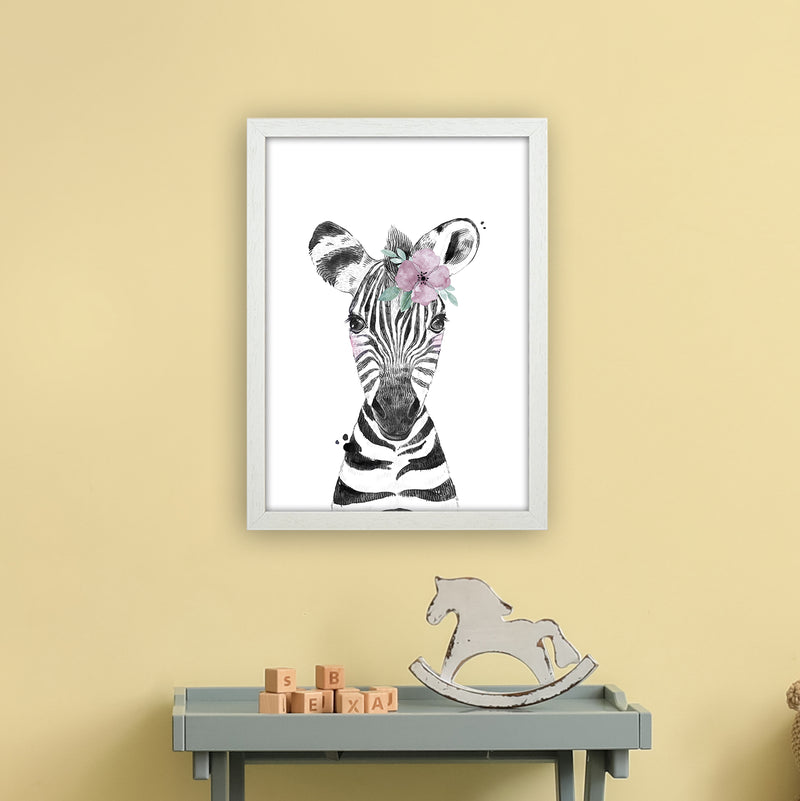 Safari Babies Zebra With Flower  Art Print by Pixy Paper A3 Oak Frame