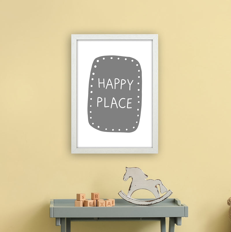 Happy Place Super Scandi Grey  Art Print by Pixy Paper A3 Oak Frame