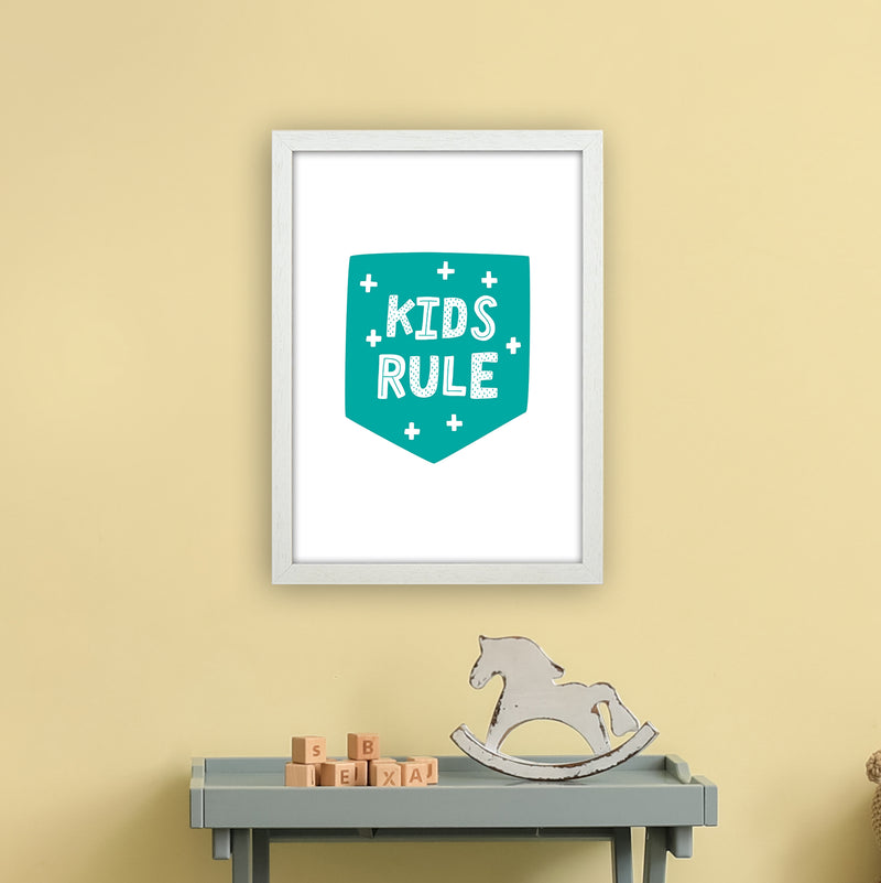 Kids Rule Teal Super Scandi  Art Print by Pixy Paper A3 Oak Frame