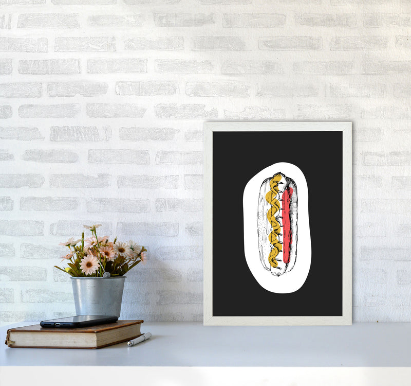 Kitchen Pop Hot Dog Off Black Art Print by Pixy Paper A3 Oak Frame