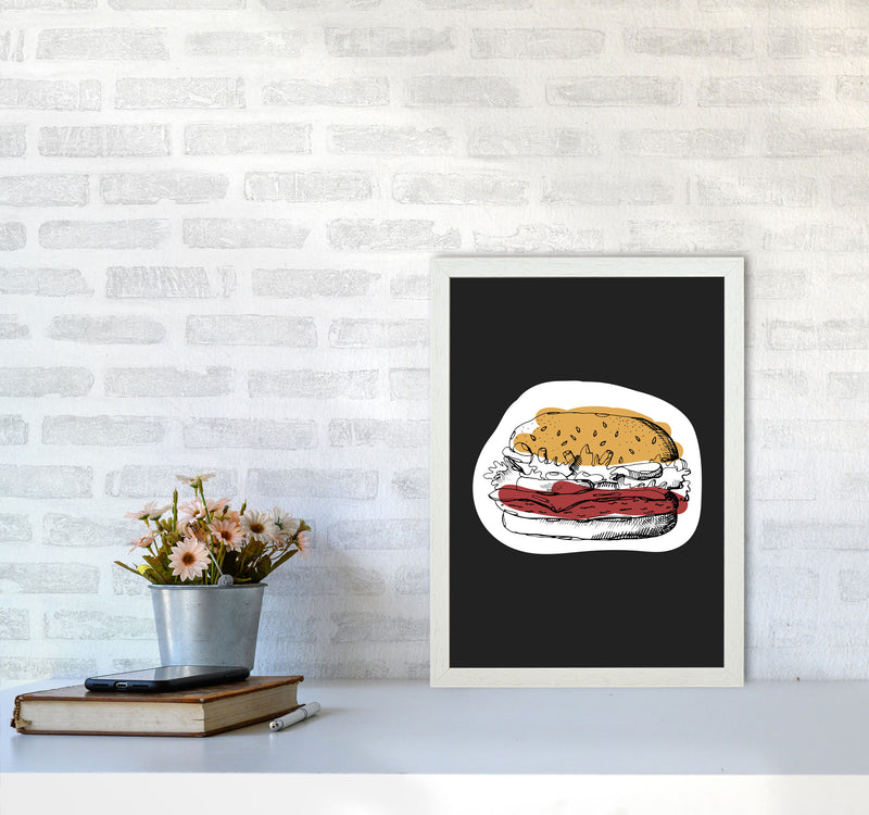 Kitchen Pop Burger Off Black Art Print by Pixy Paper A3 Oak Frame