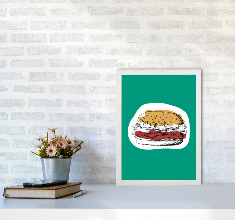 Kitchen Pop Burger Teal Art Print by Pixy Paper A3 Oak Frame
