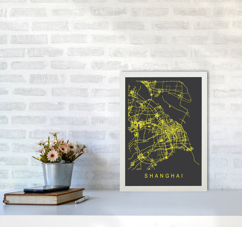 Shanghai Map Neon Art Print by Pixy Paper A3 Oak Frame