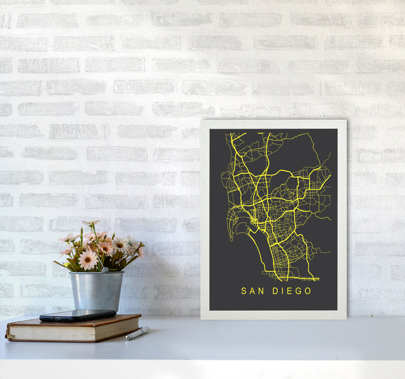 San Diego Map Neon Art Print by Pixy Paper A3 Oak Frame