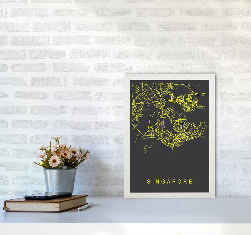 Singapore Map Neon Art Print by Pixy Paper A3 Oak Frame