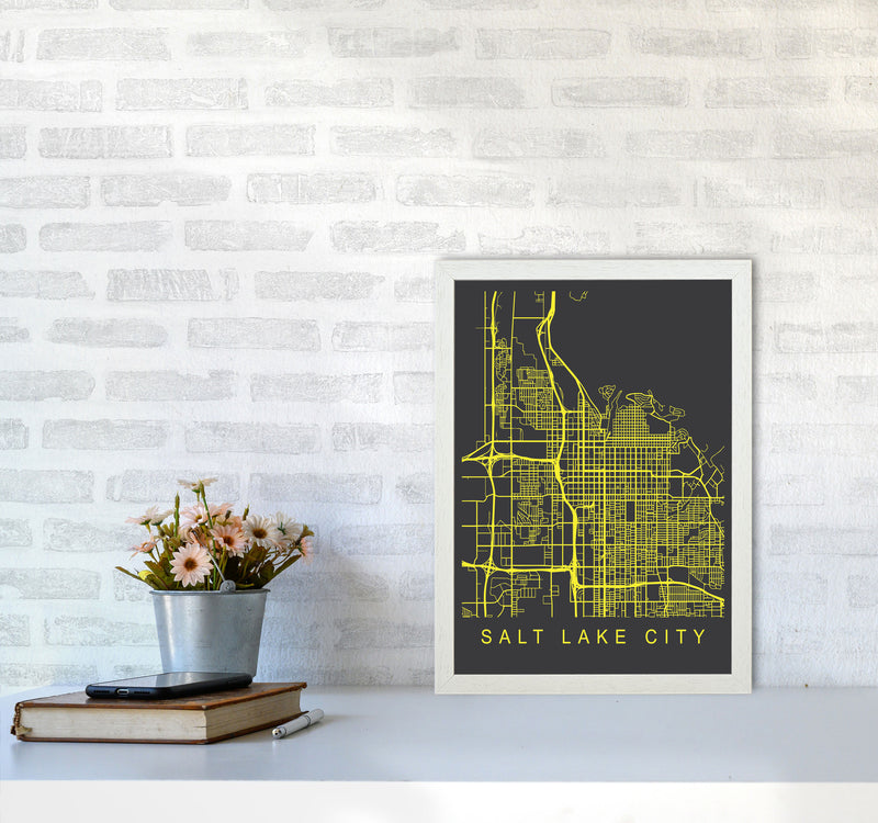 Salt Lake City Map Neon Art Print by Pixy Paper A3 Oak Frame