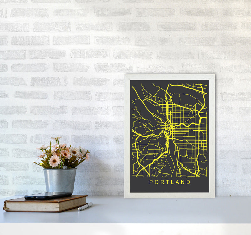Portland Map Neon Art Print by Pixy Paper A3 Oak Frame