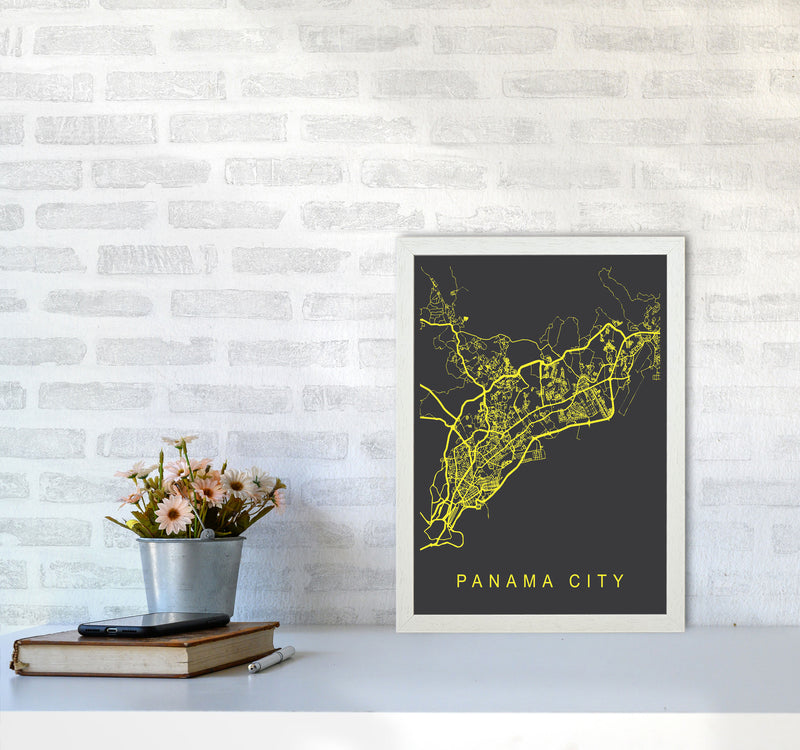 Panama City Map Neon Art Print by Pixy Paper A3 Oak Frame