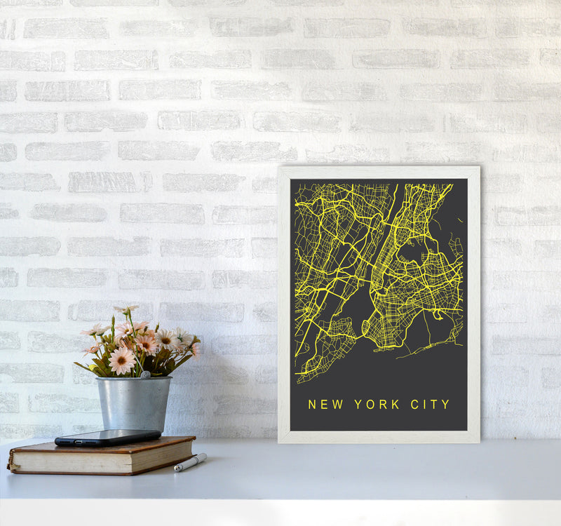 New York City Map Neon Art Print by Pixy Paper A3 Oak Frame