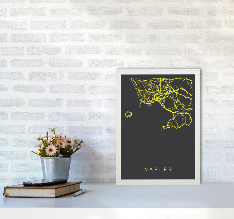 Naples Map Neon Art Print by Pixy Paper A3 Oak Frame