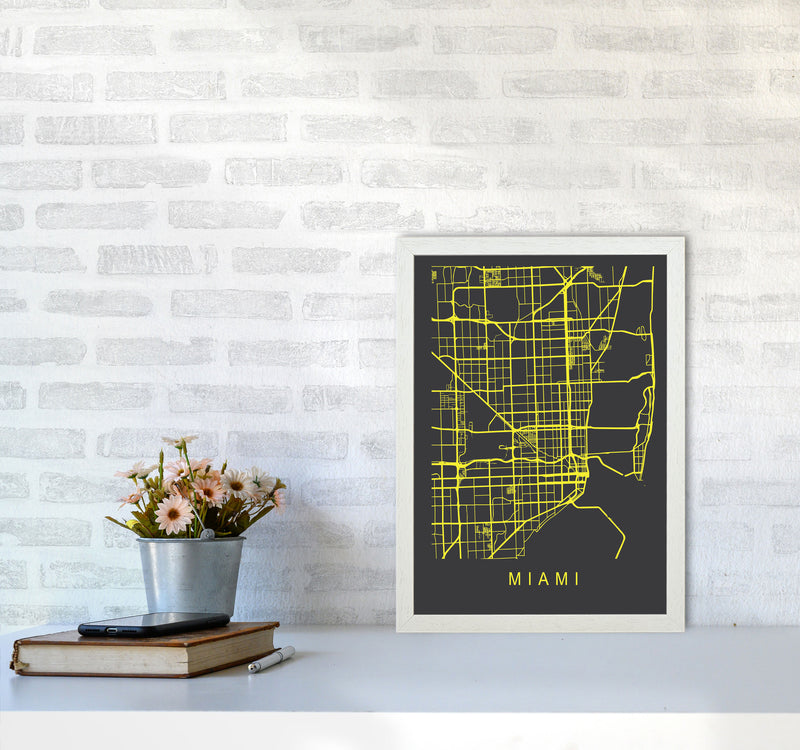 Miami Map Neon Art Print by Pixy Paper A3 Oak Frame