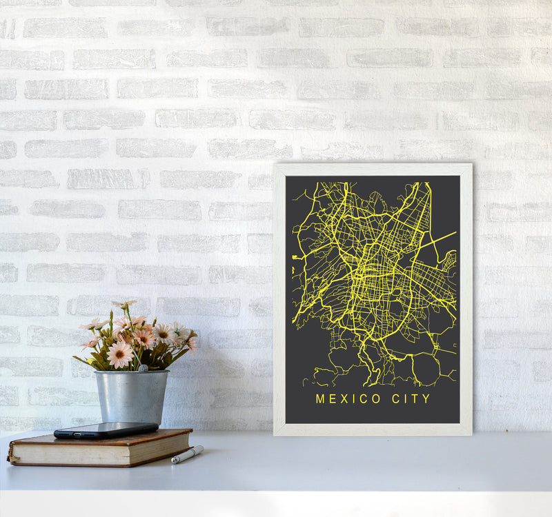 Mexico City Map Neon Art Print by Pixy Paper A3 Oak Frame
