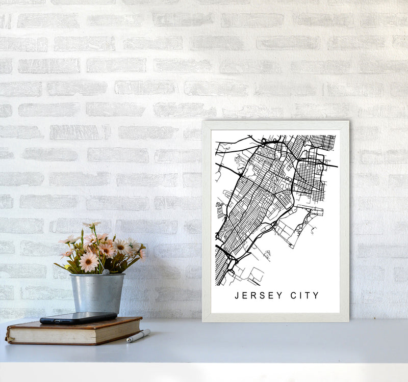 Jersey City Map Art Print by Pixy Paper A3 Oak Frame