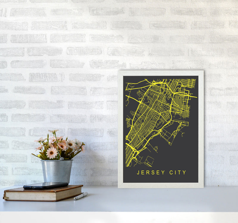 Jersey Map Neon Art Print by Pixy Paper A3 Oak Frame