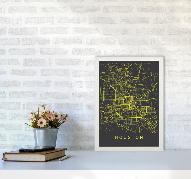 Houston Map Neon Art Print by Pixy Paper A3 Oak Frame