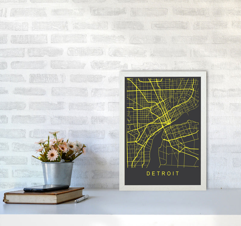 Detroit Map Neon Art Print by Pixy Paper A3 Oak Frame