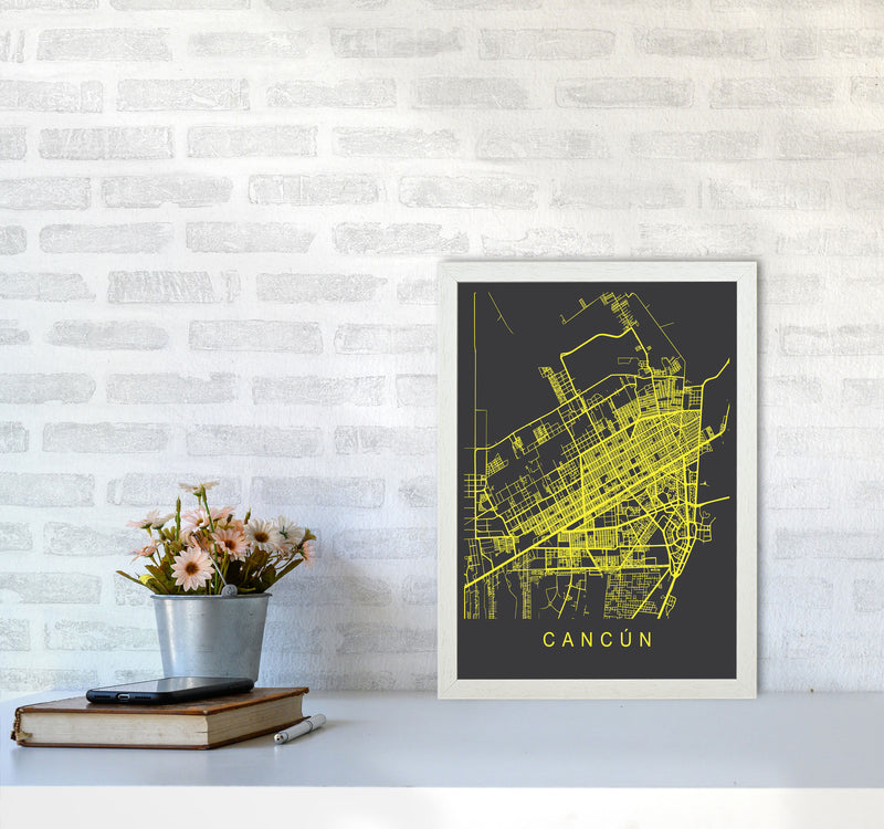 Cancun Map Neon Art Print by Pixy Paper A3 Oak Frame