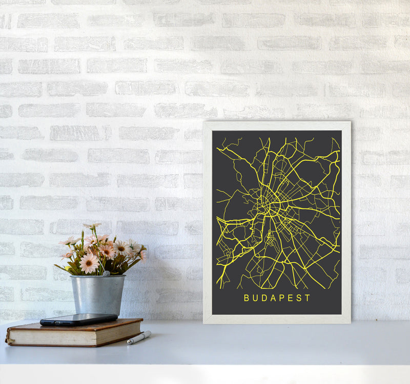 Budapest Map Neon Art Print by Pixy Paper A3 Oak Frame