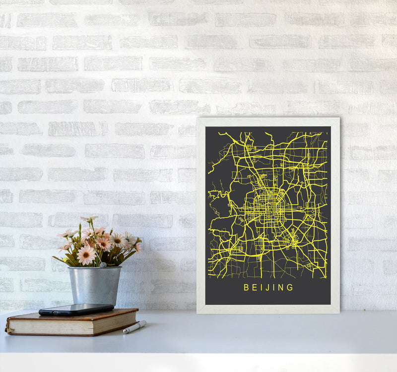 Beijing Map Neon Art Print by Pixy Paper A3 Oak Frame