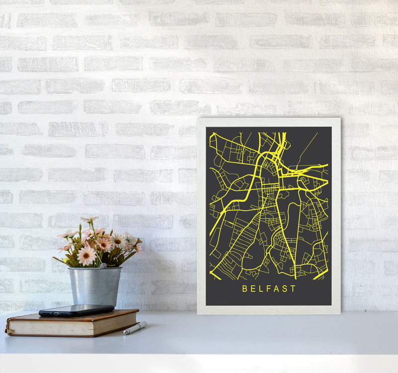 Belfast Map Neon Art Print by Pixy Paper A3 Oak Frame