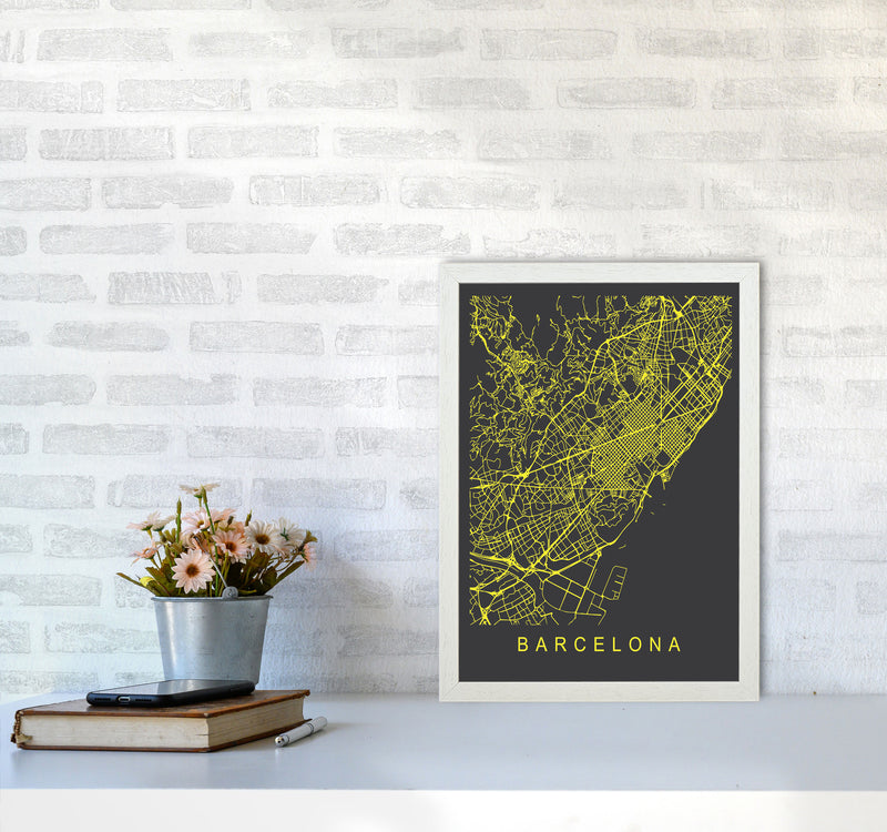 Barcelona Map Neon Art Print by Pixy Paper A3 Oak Frame