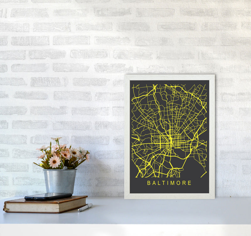 Baltimore Map Neon Art Print by Pixy Paper A3 Oak Frame