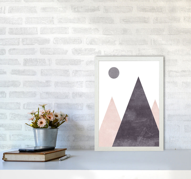 Mountains and moon pink cotton Art Print by Pixy Paper A3 Oak Frame