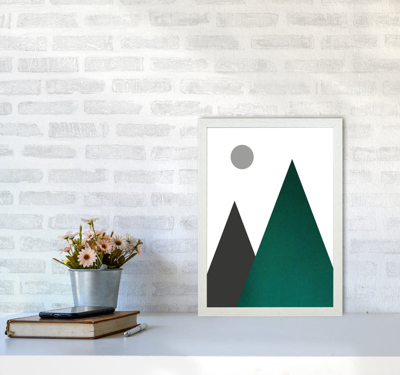 Mountains and moon emerald Art Print by Pixy Paper A3 Oak Frame