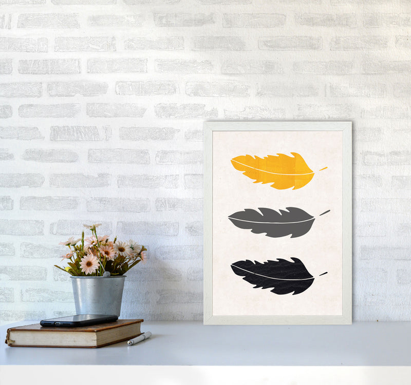 Feathers Mustard Art Print by Pixy Paper A3 Oak Frame