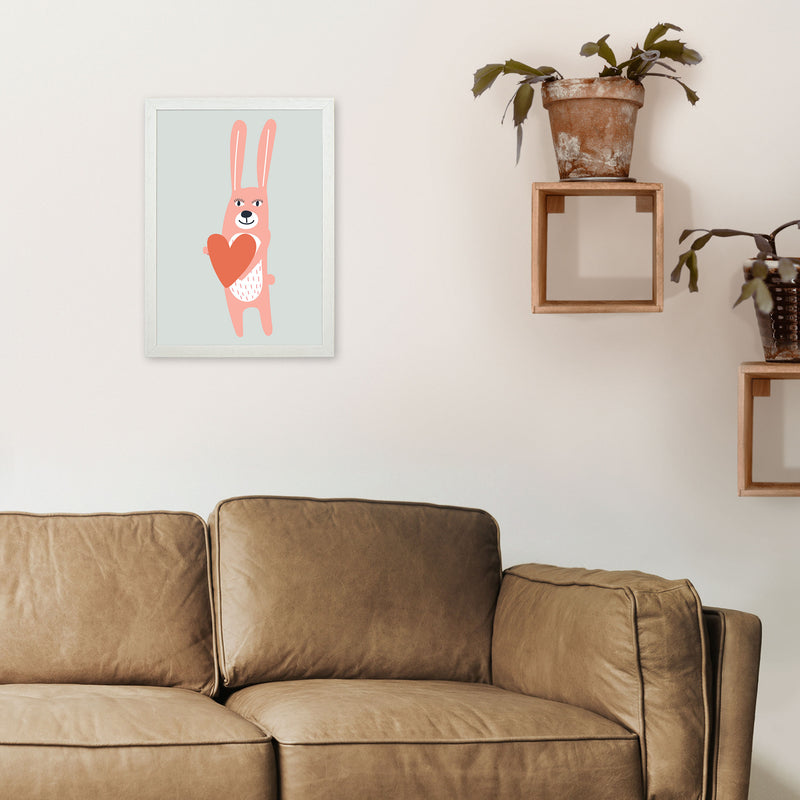 Bunny with heart Neutral kids Art Print by Pixy Paper A3 Oak Frame