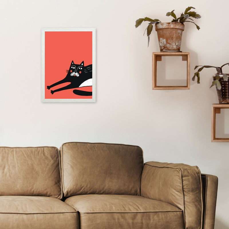 Cat Stretching Art Print by Pixy Paper A3 Oak Frame