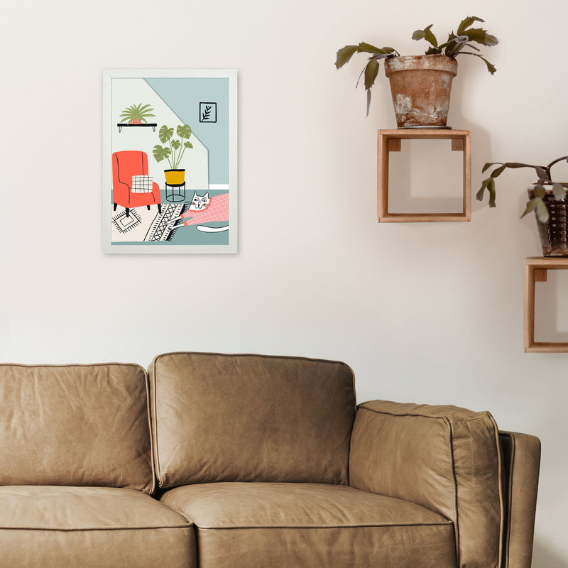 Cat At Home Art Print by Pixy Paper A3 Oak Frame