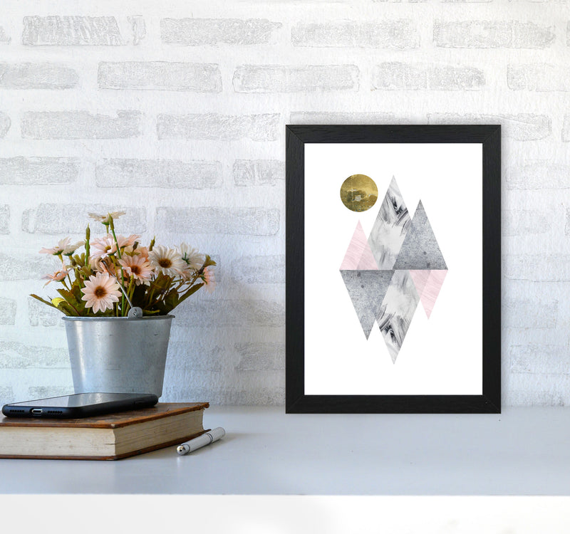 Pink And Grey Diamonds With Gold Moon Abstract Modern Print A4 White Frame