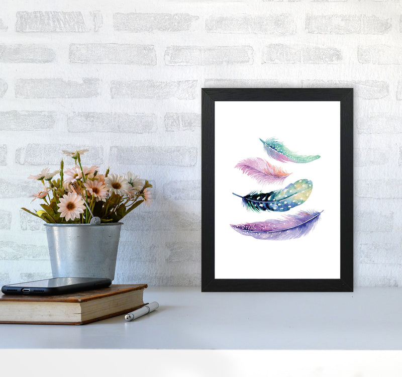 Turquoise And Purple Bird Feathers Abstract Modern Print A4 White Frame