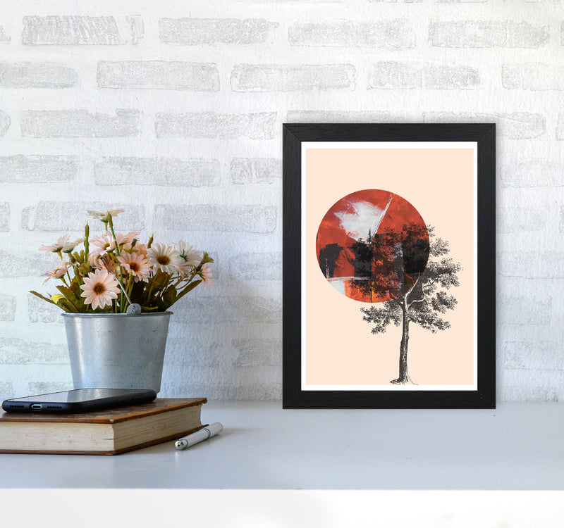 Red Sun And Tree Abstract Modern Print A4 White Frame