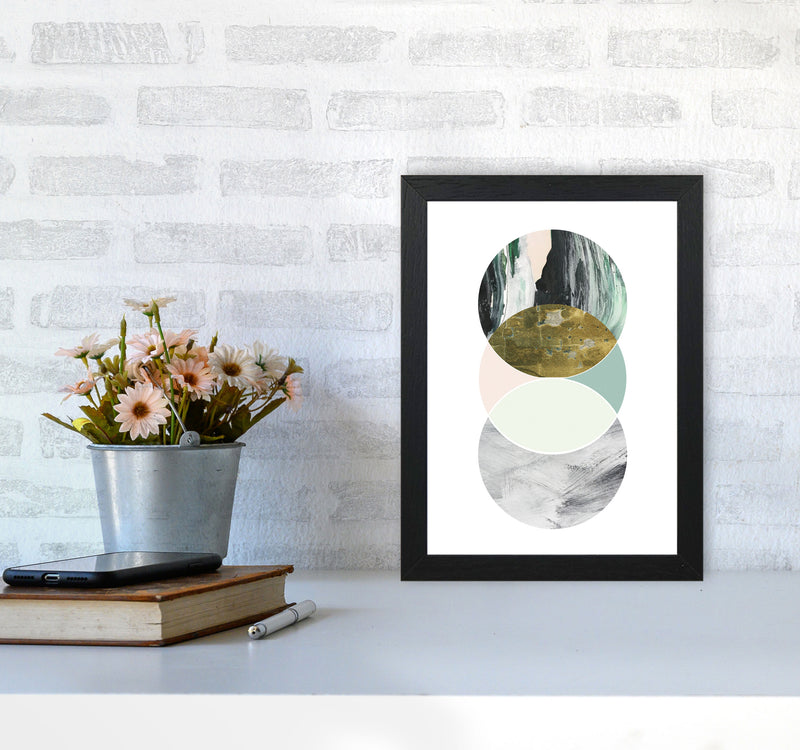 Textured Peach, Green And Grey Abstract Circles Modern Print A4 White Frame