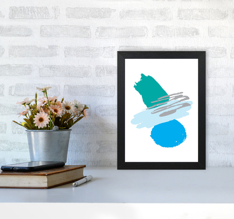 Blue And Teal Abstract Paint Shapes Modern Print A4 White Frame