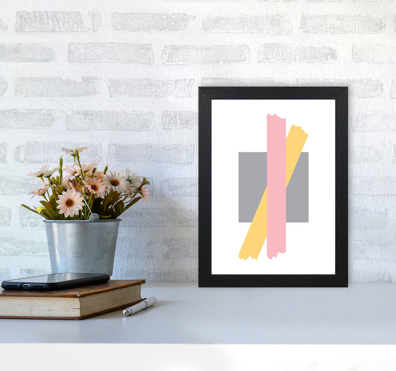 Grey Square With Pink And Yellow Bow Abstract Modern Print A4 White Frame