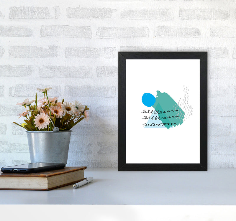 Teal And Blue Mountain Sun Abstract Modern Print A4 White Frame