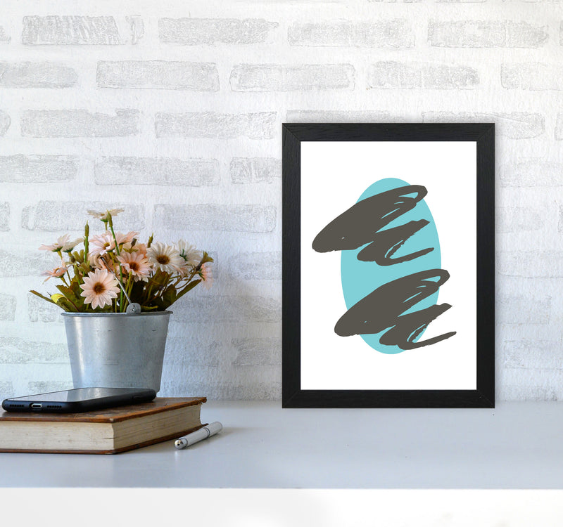 Abstract Teal Oval With Brown Strokes Modern Print A4 White Frame