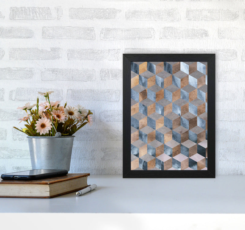 Blue, Grey And Brown Abstract Watercolour Box Modern Print A4 White Frame