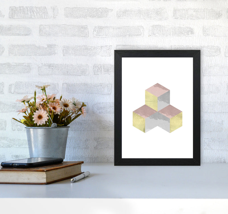 Gold, Pink And Grey Abstract Cubes Modern Print A4 White Frame